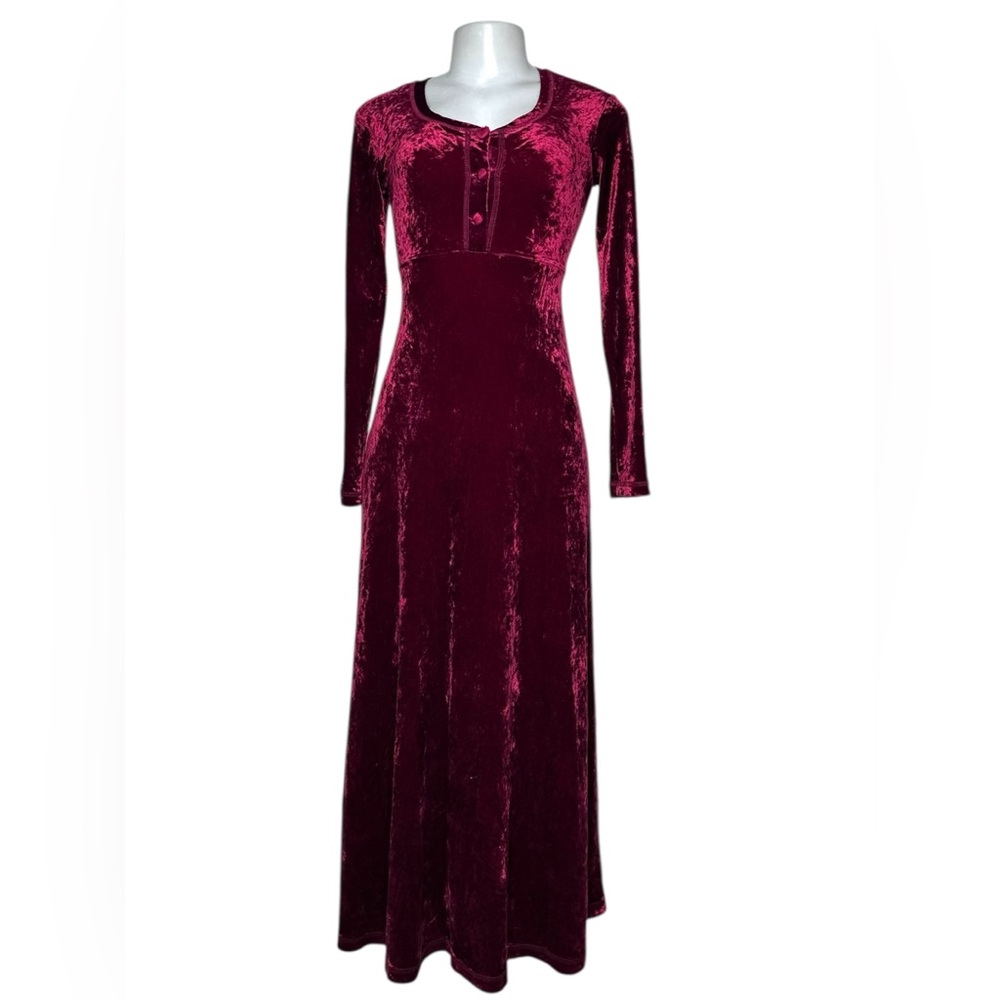 VTG 90s Betsey Johnson Crushed Velvet Maxi Dress Burgundy Wine Medium - Picture 1 of 11